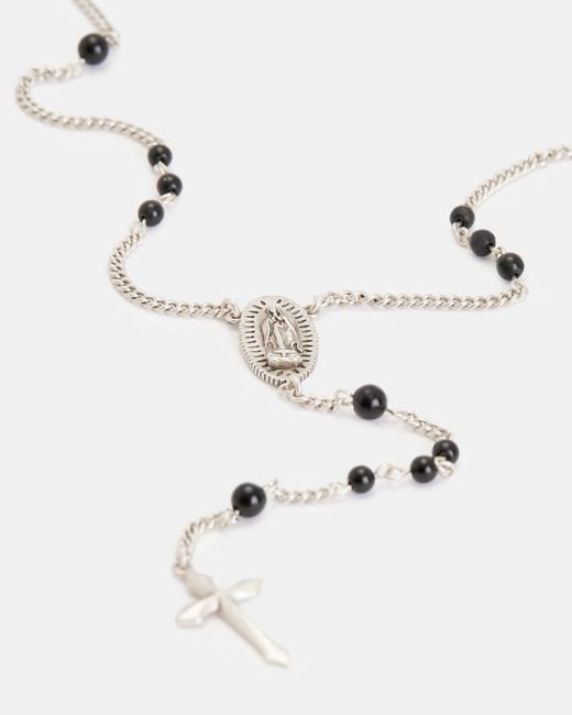 AllSaints Natural Saif Beaded Sterling Silver Rosary Necklace for men