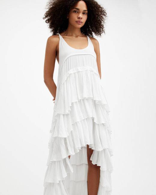 AllSaints White Cavarly Tiered Ruffle Maxi Dress,