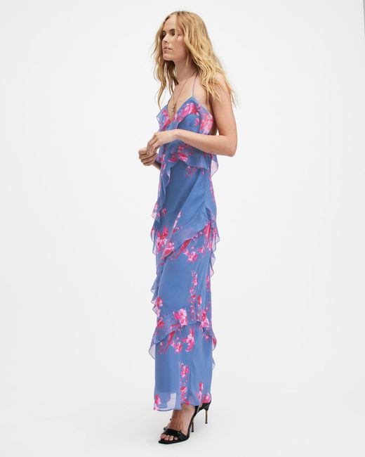 AllSaints Blue Marina Iona Floral Print Slim Fit Dress,