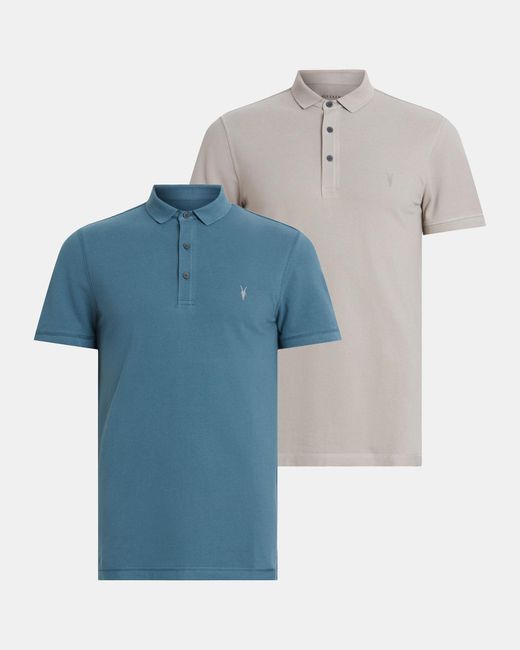 AllSaints Blue Reform Short Sleeve Polo Shirts 2 Pack, for men