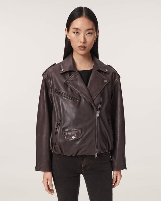 AllSaints Gray Samina Relaxed Fit Leather Biker Jacket