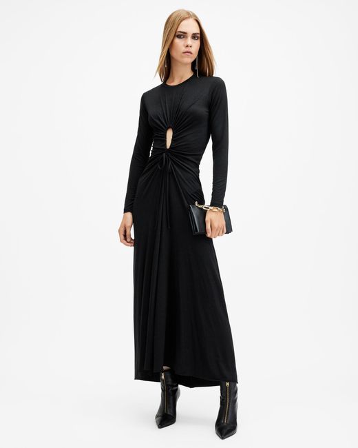 AllSaints Black Xylia Long Sleeve Gathered Maxi Dress,, Metallic