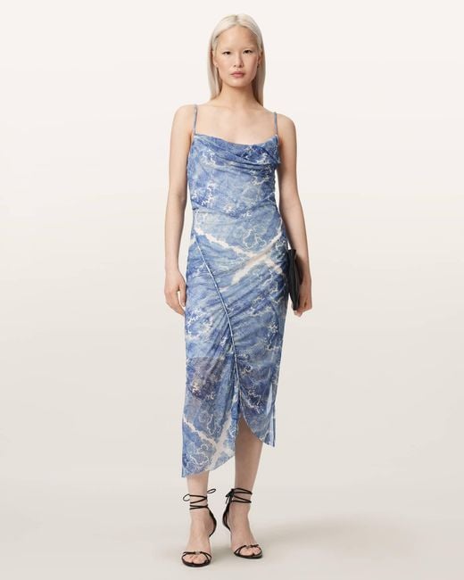 AllSaints Blue Ulla Bodycon Patterned Midi Dress