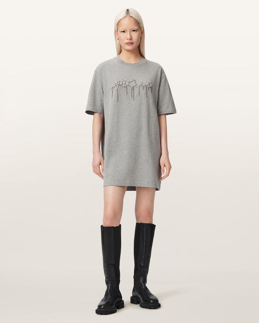 AllSaints Gray Chains Embellished T-Shirt Mini Dress