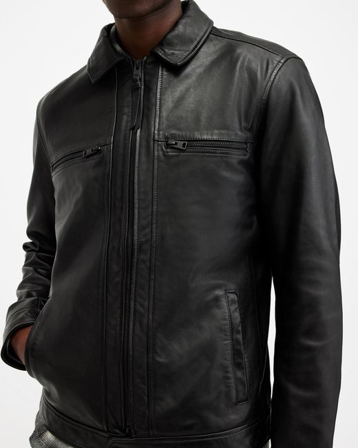 AllSaints Gray Luck Slim Front Zip Up Leather Jacket for men