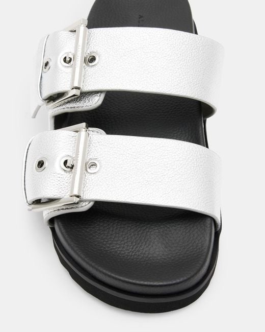 AllSaints White Sian Metallic Leather Buckle Sandals