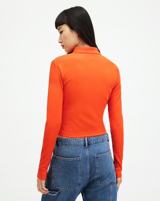 AllSaints Orange Hallie Long Sleeve Ribbed Polo Shirt