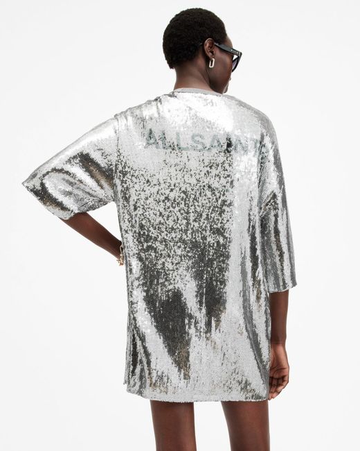 AllSaints Gray Opal Sequin T-Shirt Mini Logo Dress