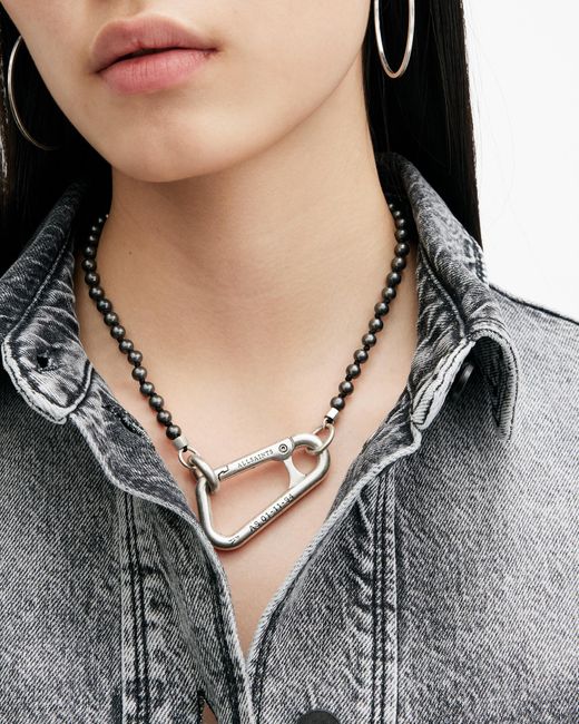 AllSaints Gray Pearl Bead Carabiner Necklace