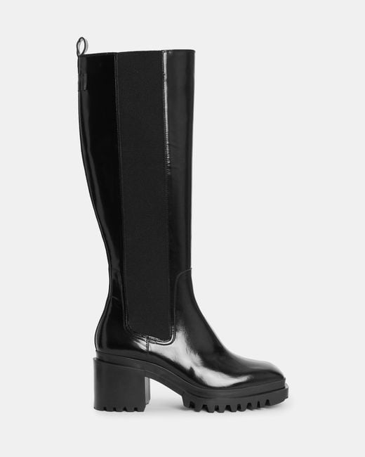 AllSaints Black Natalia Knee High Shine Leather Boots,