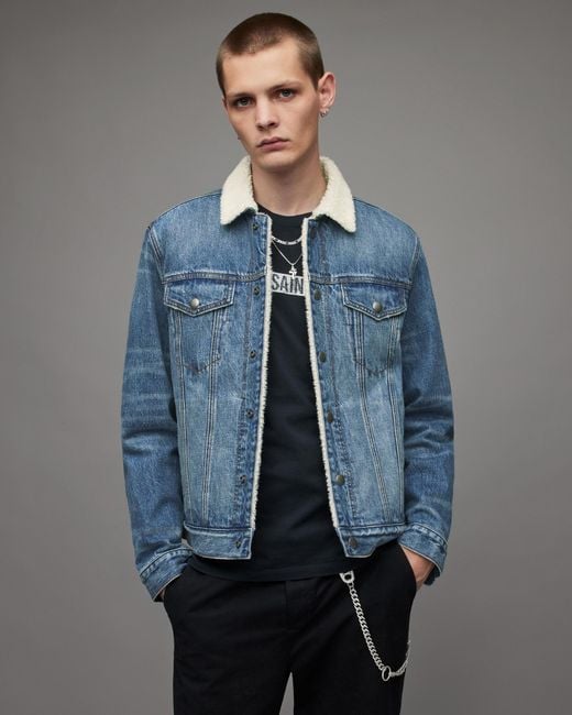 AllSaints Blue Midland Sherpa Lined Denim Jacket for men