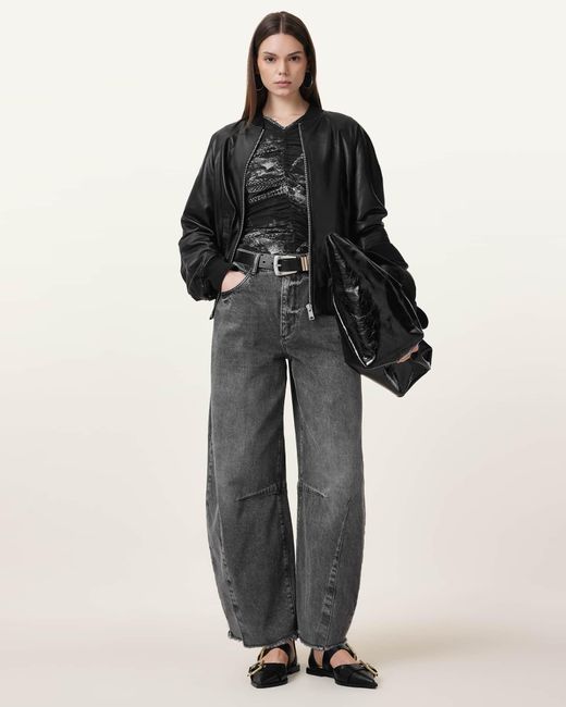 AllSaints Black Dana Zip Detail Leather Bomber Jacket