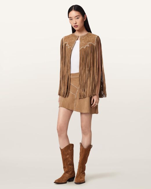 AllSaints Natural Carter Whipstitch Suede Tassel Gilet