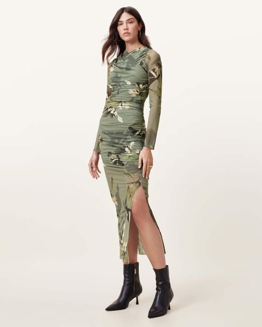 AllSaints Natural Hanako Print Mesh Wrap Maxi Dress