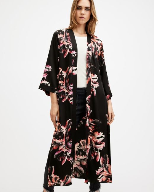 AllSaints Black Carine Longline Printed Kimono