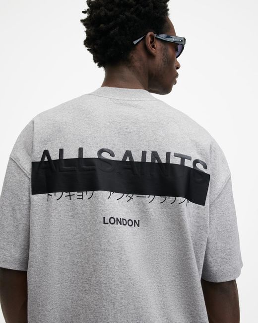 AllSaints Gray Redact Oversized Embroidered Logo T-shirt for men