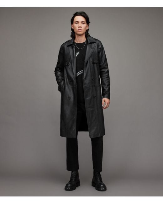 AllSaints Black Oken Leather Trench Coat for men