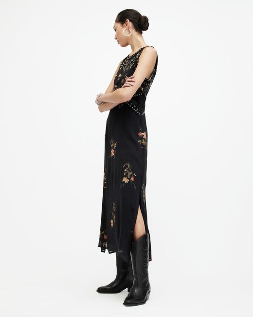 AllSaints Black Jessie Tanana Floral Print Maxi Dress,