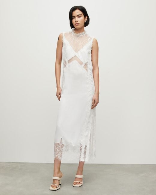 AllSaints White Mila Lace Panelled Frill Trim Maxi Dress