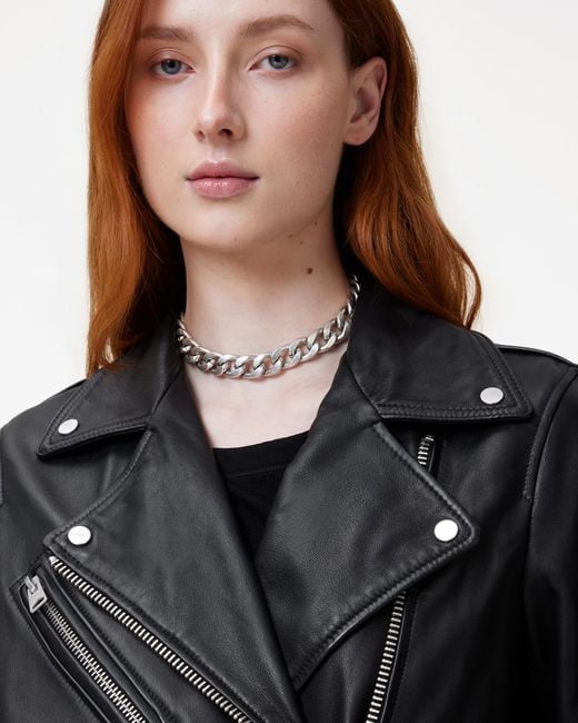 AllSaints Black Billie Pearl Embellished Leather Biker Jacket