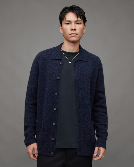 AllSaints Blue Cygnus Polo Neck Relaxed Fit Cardigan for men