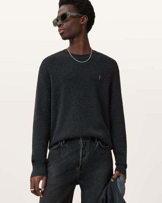 AllSaints Black Aspen Waffle Texture Crew Neck Ramskull Sweater for men