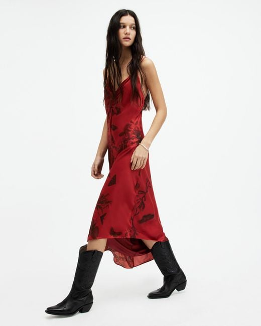AllSaints Red Alexia Silk Blend V-neck Midi Slip Dress