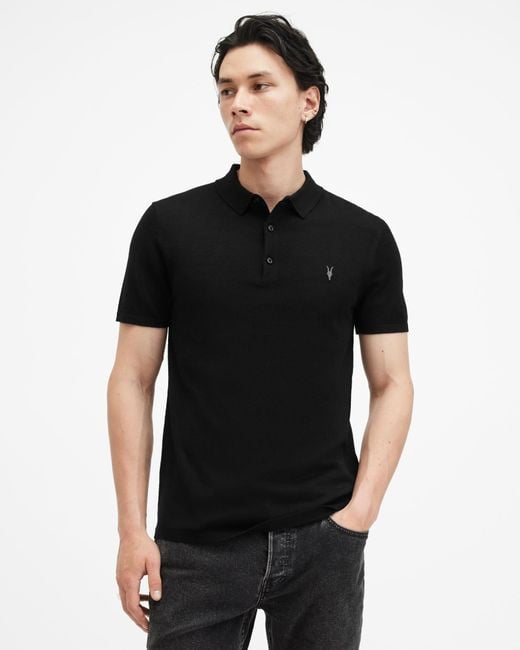 AllSaints Black Mode Merino Short Sleeve Polo Shirt for men