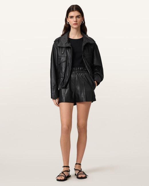 AllSaints Black Fran High Rise Leather Shorts