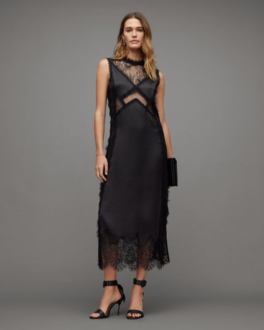 AllSaints Black Mila Lace Panelled Frill Trim Maxi Dress,