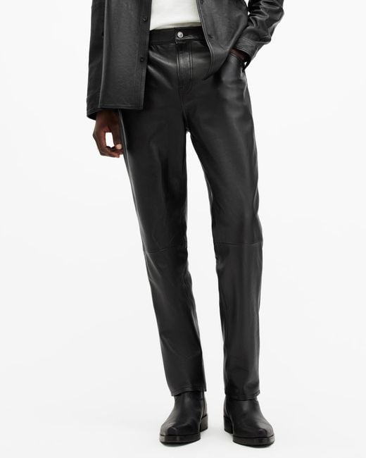 AllSaints Black Lynch Straight Fit Leather Trousers for men