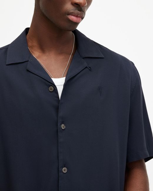 AllSaints Blue Venice Revere Collar Ramskull Shirt for men