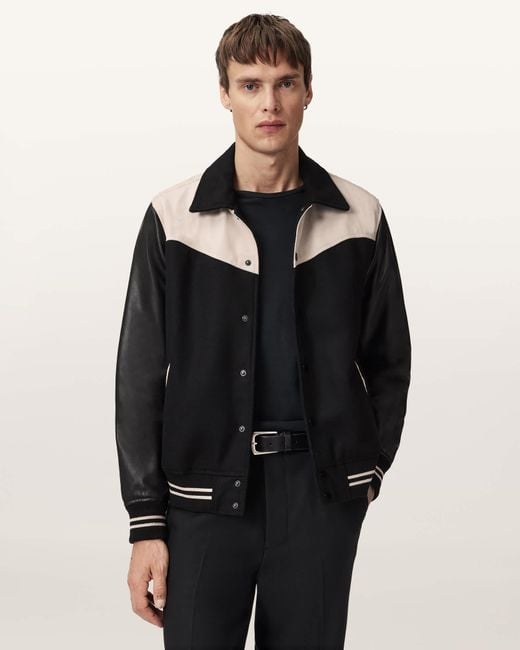 AllSaints Black Endleton Contrast Leather Bomber Jacket for men