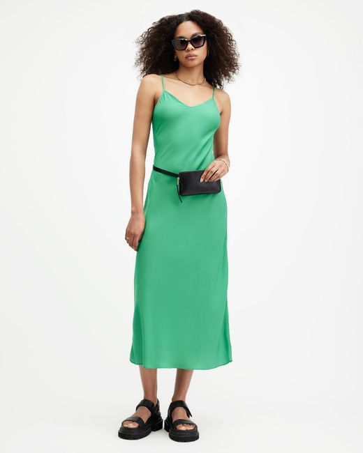 AllSaints Green Bryony V-neck Midi Slip Dress,