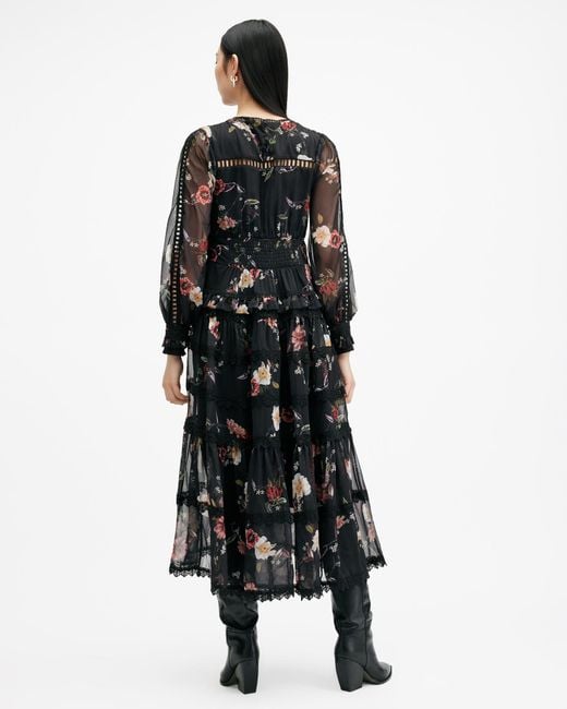 AllSaints Black Zora Floral Ruffle Midi Dress