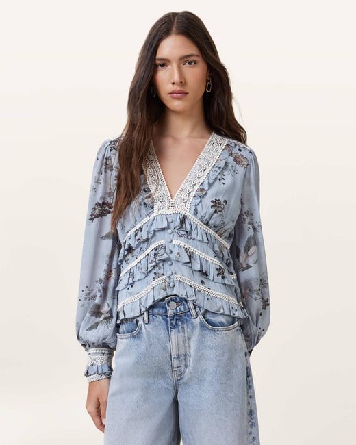 AllSaints Blue Zora Floral Ruffled Top