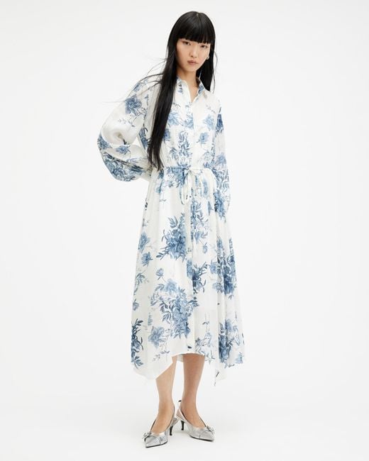 AllSaints Blue Skye Dekorah Silk Linen Maxi Dress,