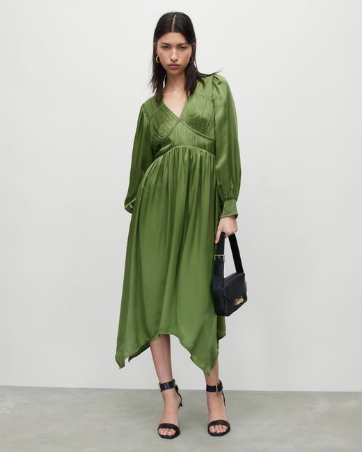 AllSaints Green Estelle Silk Blend Asymmetric Midi Dress,