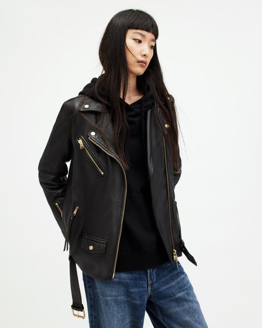 AllSaints Black Biller Leather Oversized Biker Jacket