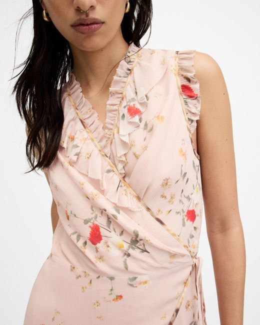 AllSaints Natural Ari Kora Floral Print Ruffle Mini Dress,
