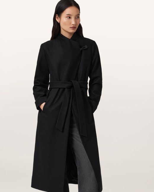 AllSaints Black Riley Wrap Around Belted Long Line Coat