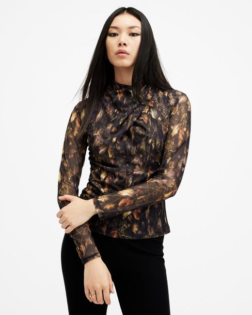 AllSaints Black Tia High Neck Wrap Over Mesh Top,, Kateri Hazel
