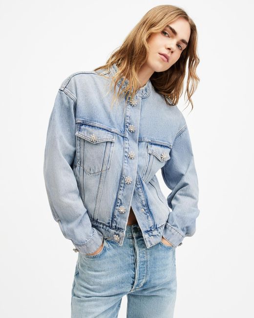 AllSaints Blue Bella Diamond Button Denim Jacket,, Light