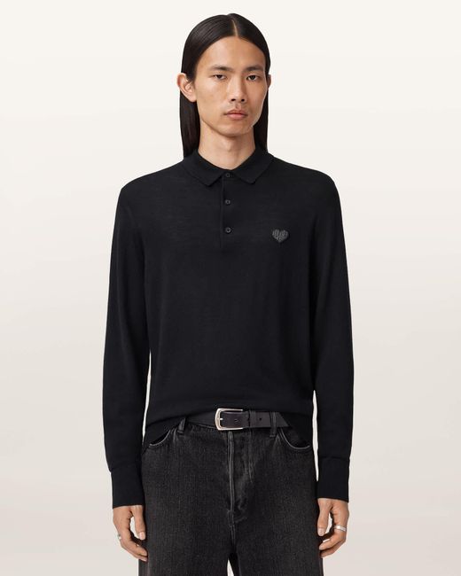 AllSaints Men's Black Lover Merino Long Sleeve Polo
