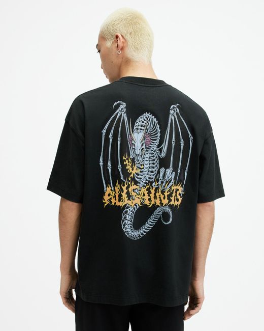 AllSaints Black Dragon Skull Printed Oversized T-shirt for men