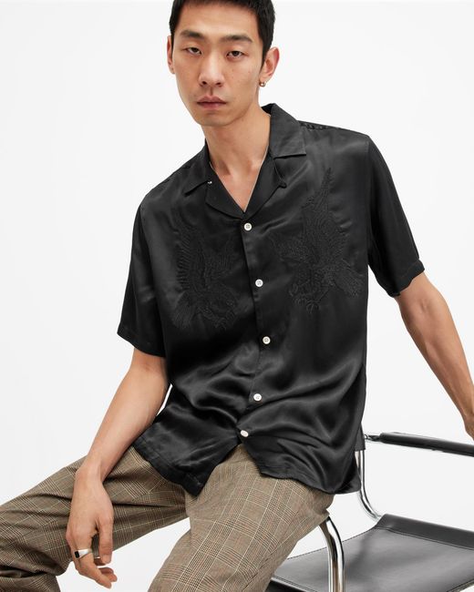 AllSaints Black Aquila Embroidered Relaxed Fit Shirt, for men
