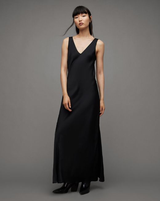 AllSaints Amos Mercer 2-in1 Maxi Dress in Black | Lyst
