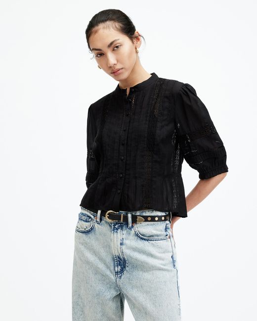 AllSaints Black Libby Slim Puff Sleeve Embroidered Shirt,
