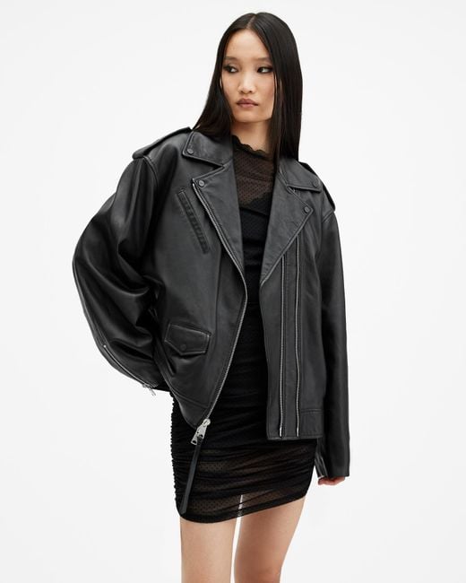 AllSaints Black Daylen Oversized Leather Biker Jacket
