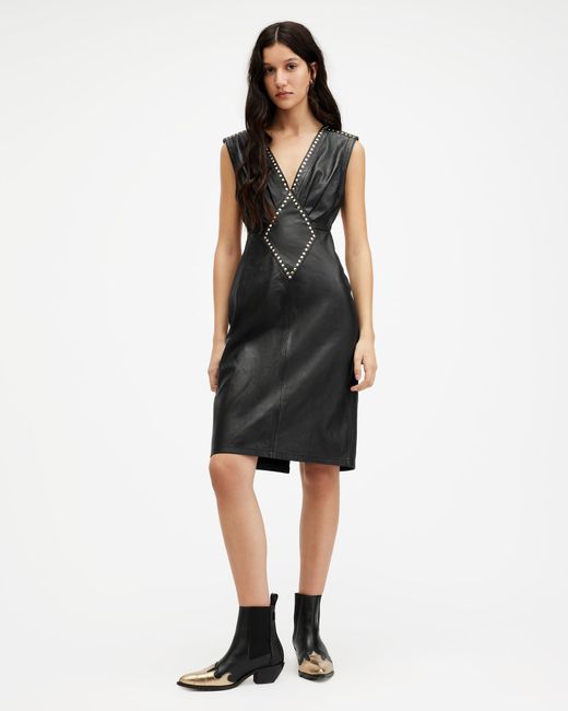 AllSaints Black Syla Leather Studded Mini Dress